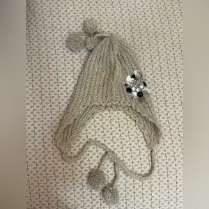 Knit Pom-Pom Earflap Hat with Crystal Accent - Cream